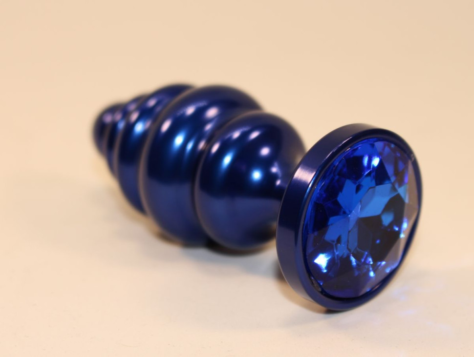 Синяя рифлёная пробка с синим кристаллом - 7,3 см.