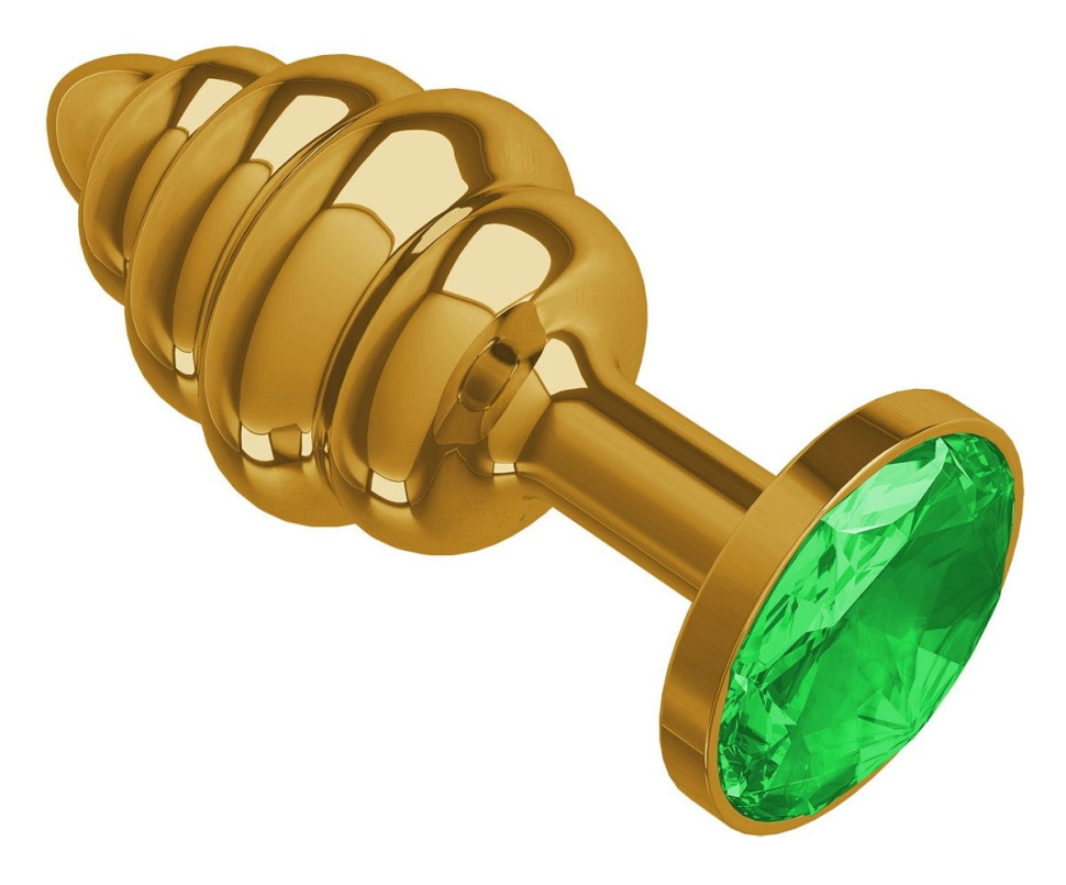 Золотистая пробка с рёбрышками и зеленым кристаллом - 7 см.