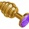 Золотистая пробка с рёбрышками и фиолетовым кристаллом - 7 см.