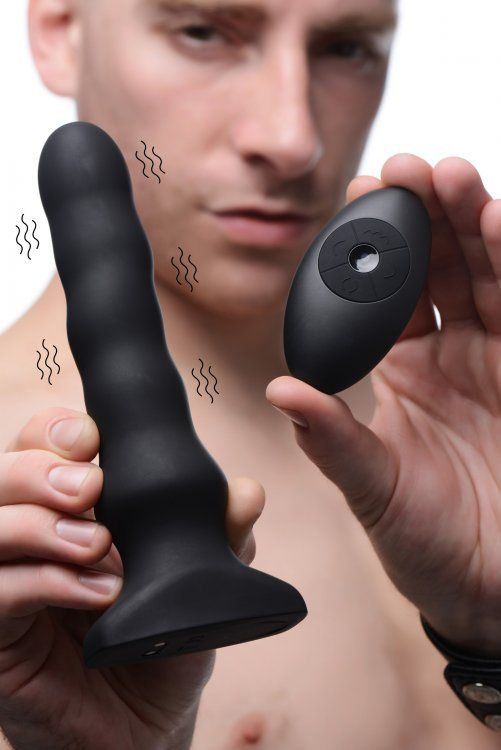 Черный вибратор с волнообразным движением Silicone Vibrating & Squirming Plug with Remote Control - 19,5 см.