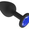 Чёрная анальная втулка с синим кристаллом - 7,3 см.
